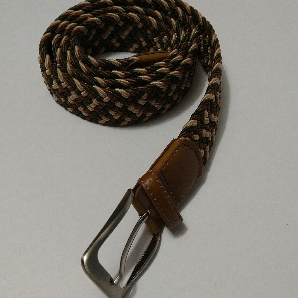 Braided Tweed Leather Belt - Brown Green and Tan Adjustable Size 32-42